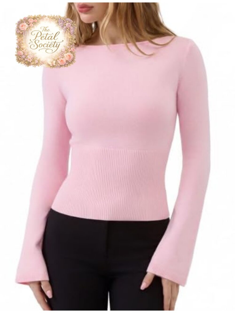 Cashmere Modal Blend Cinched Waist Boat Neck Bell Sleeve Sweater